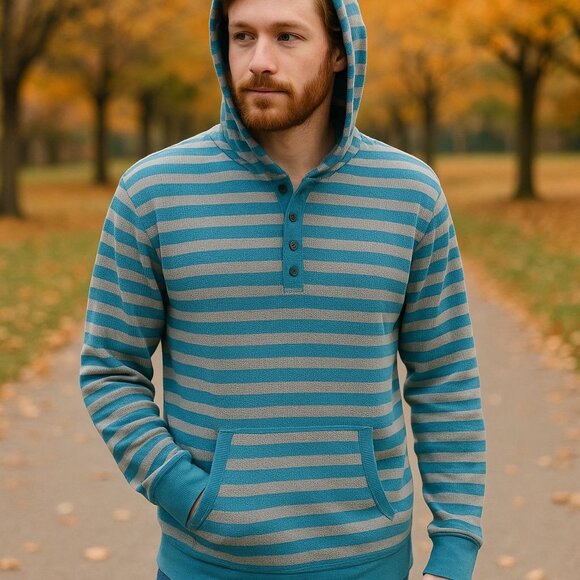 Mix & Co Thermal Hoodie Henley Pullover Sweatshirt M Blue Gray Stripe Streetwear - Picture 2 of 7